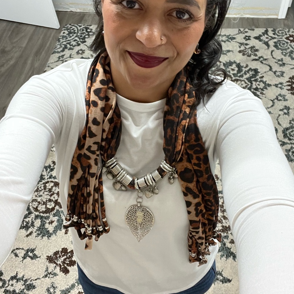 Brighton Accessorized Leopard Print Scarf with Silver Necklace
